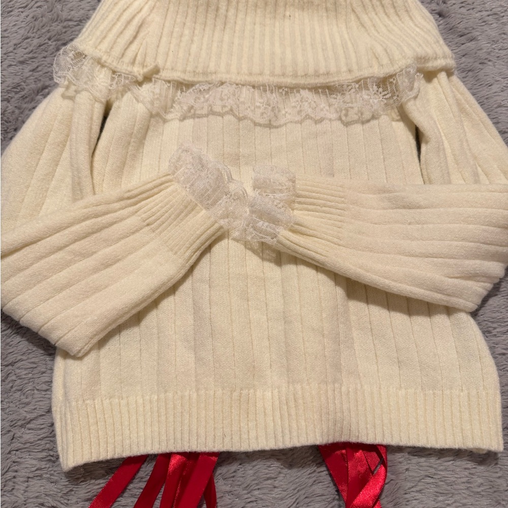 ROMWE Cream Off-the-Shoulder Sweater with Red Details - Picture 3 of 10